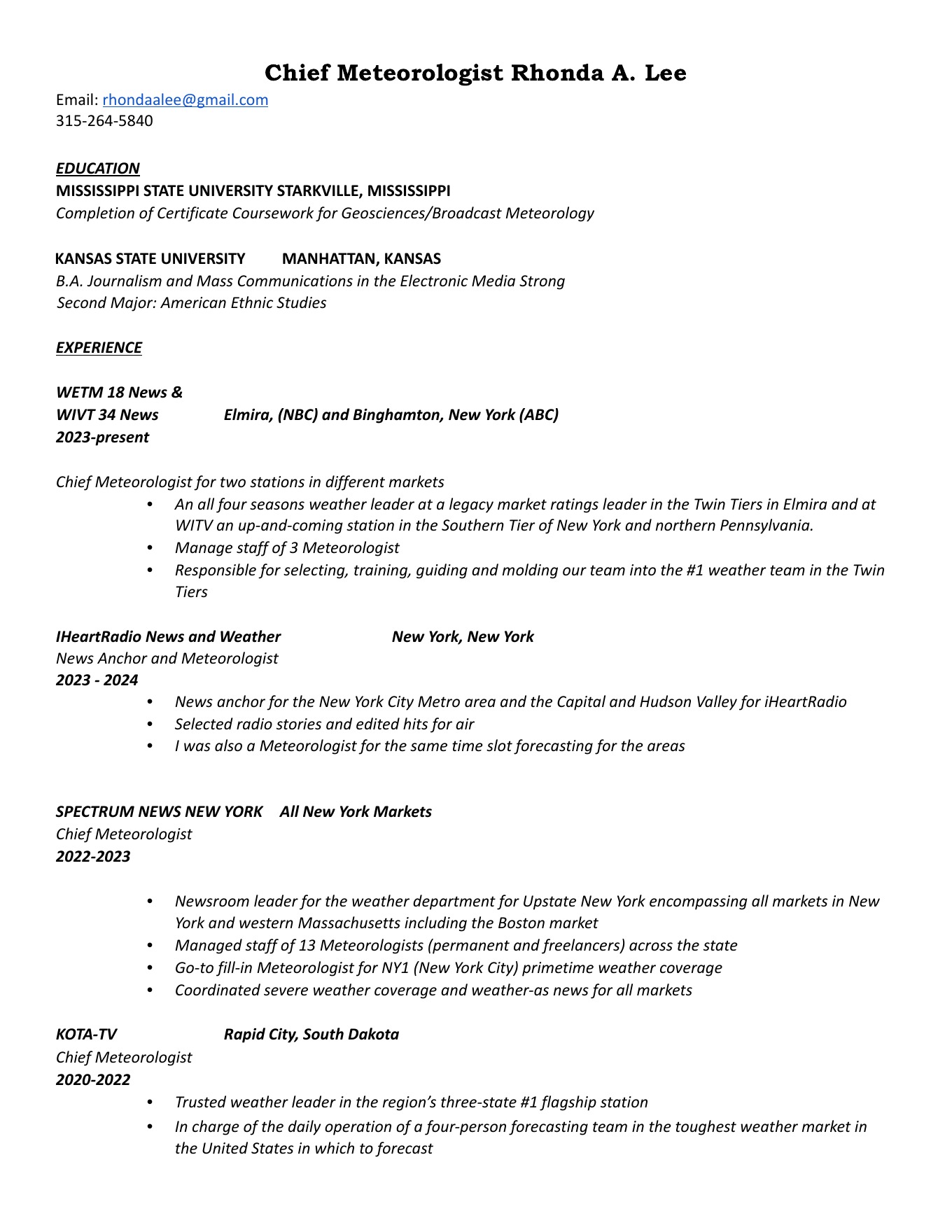 Rhonda A. Lee résumé, page 1 of 2